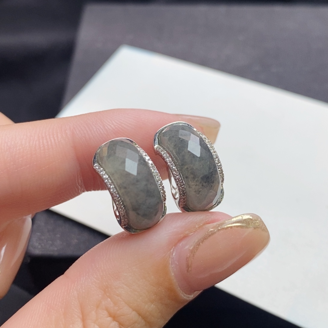 翡翠18K金镶嵌耳饰冰乌鸡切割面圈圈耳扣