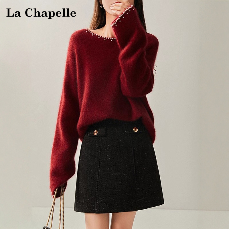 拉夏贝尔红色毛衣女慵懒高级感秋冬季2025新款宽松针织衫钉珠上衣