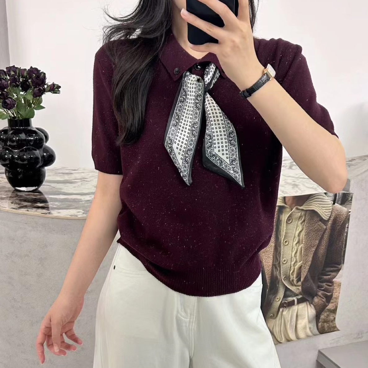 宜美多家 韩系细闪翻领丝巾短袖安迪绒上衣8301