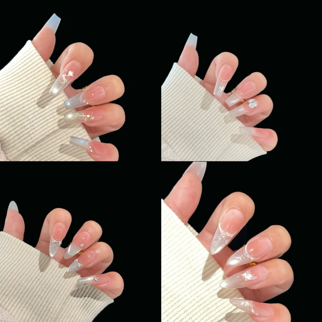 [750-899]手工穿戴甲夏日纯手工白色气质梯形纯欲ins中长款粉色