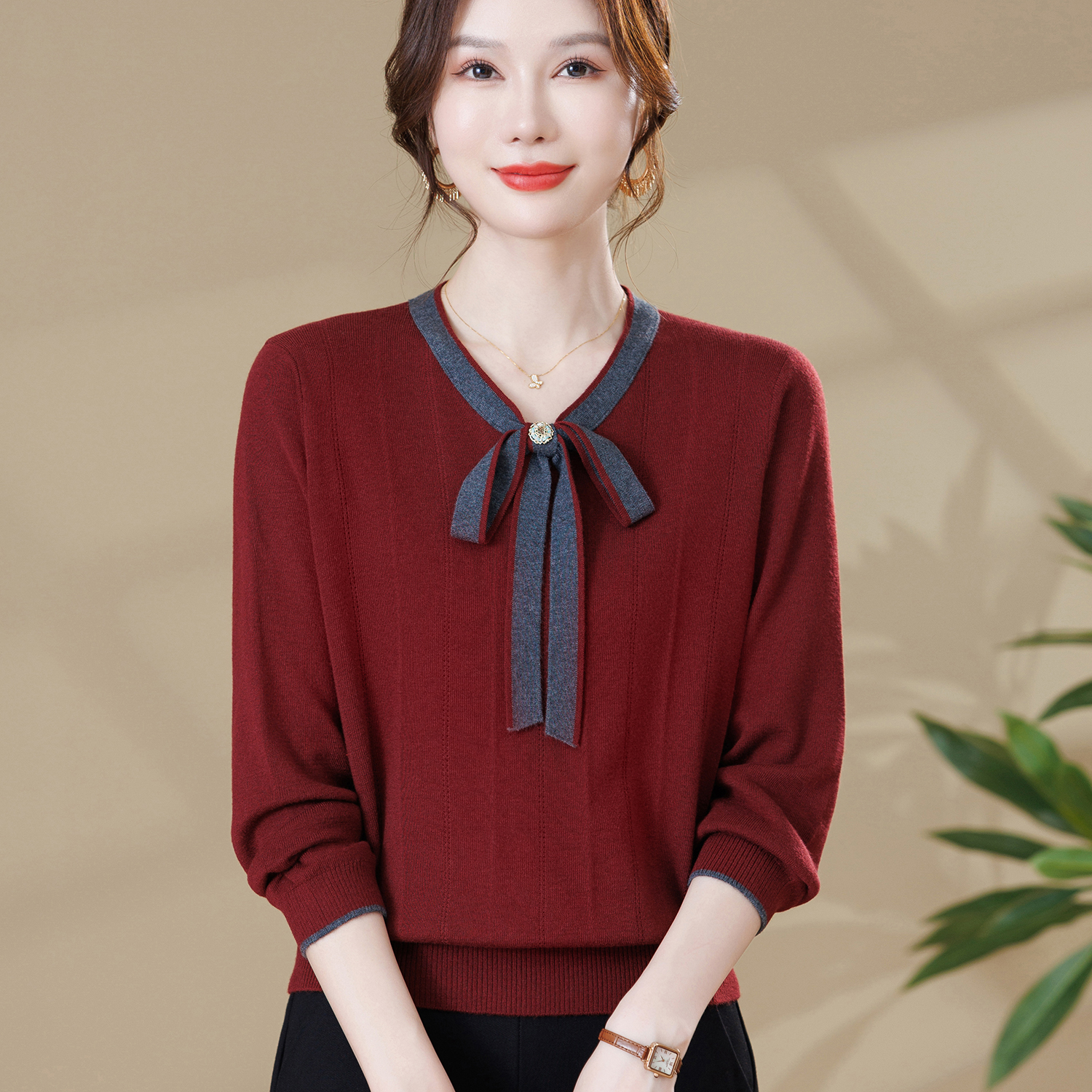 妈妈洋气时尚针织上衣飘带小衫气质中老年女装春秋宽松大码打底衫
