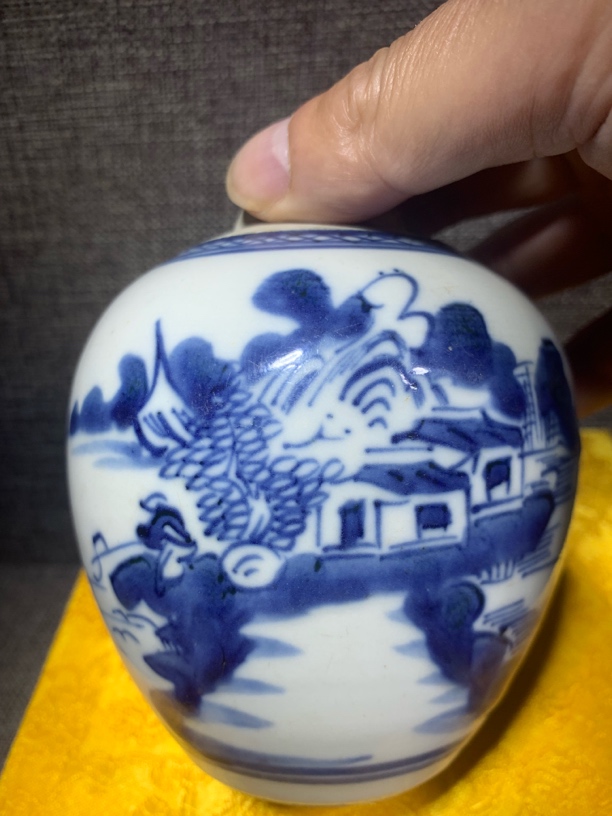 陶瓷当代仿古艺术品青花山水小罐