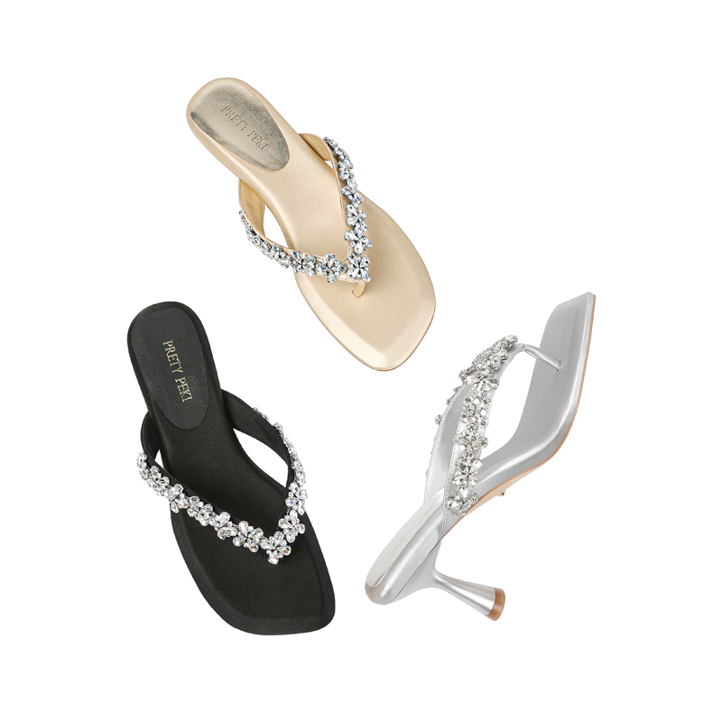 【跟高2cm/6.5cm】2025年夏季新款水钻方头细跟时尚百搭凉鞋外穿