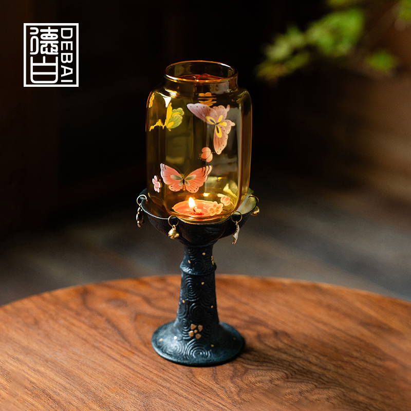 德白烛台仿古祥云纹花影蝶眠蜡烛灯茶室茶道新中式家用氛围灯