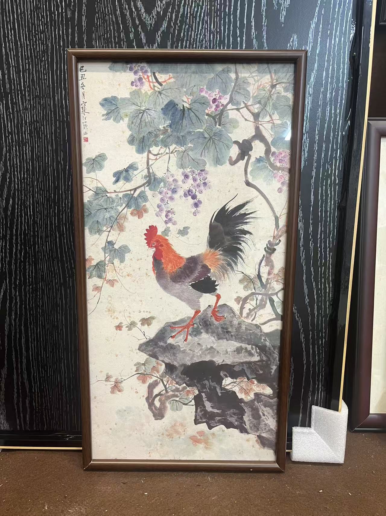 32cm*62cm公鸡中式装饰画木框适合玄关书房茶室客厅挂画