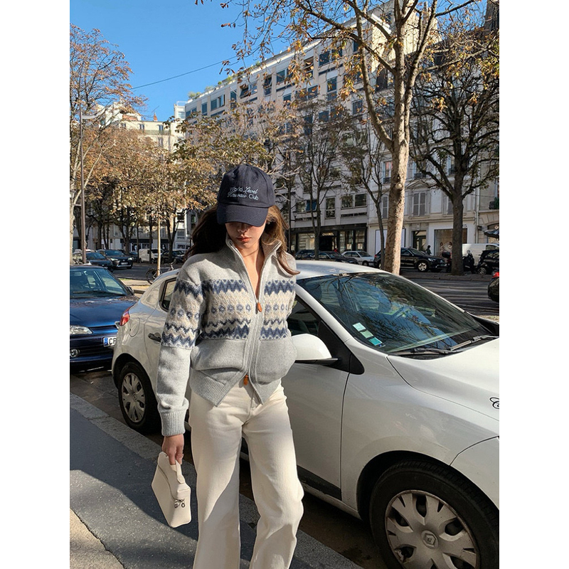 【YY】新款撞色提花嵌花立领开衫外套