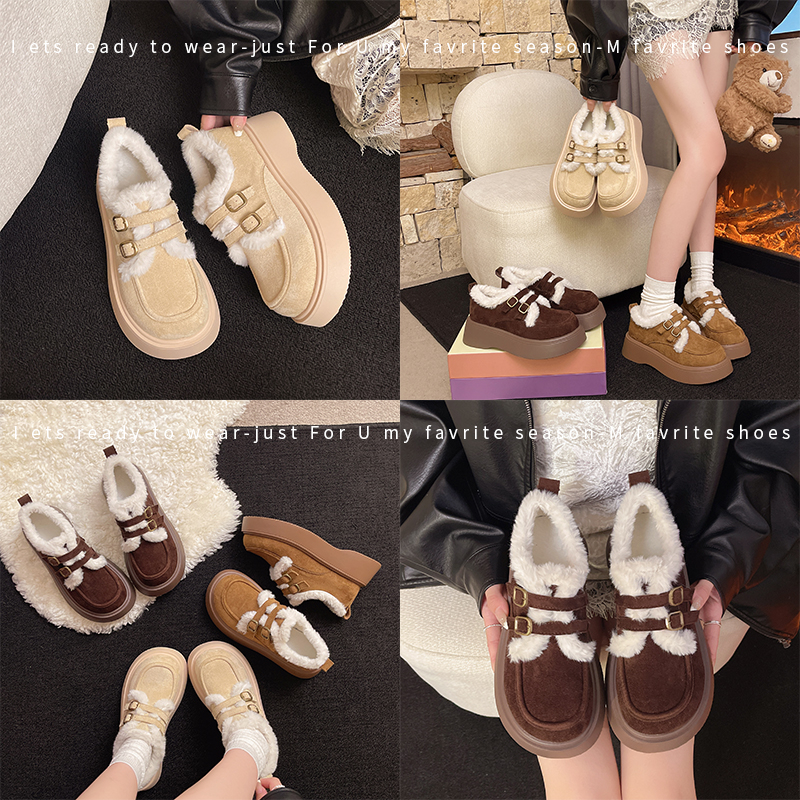 厚底博肯鞋女2025新款秋冬加棉面包鞋外穿毛毛棉鞋保暖百搭乐福鞋