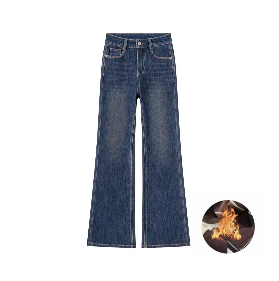 【啊龙】拉菲红加绒加厚微喇牛仔裤女2025新款复古显瘦直筒喇叭裤子