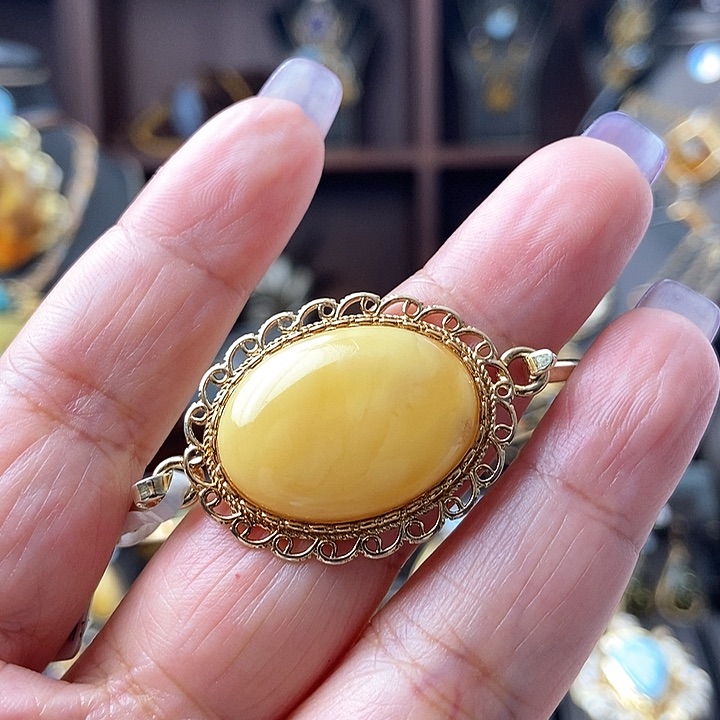 琥珀手镯银S925镶嵌手镯