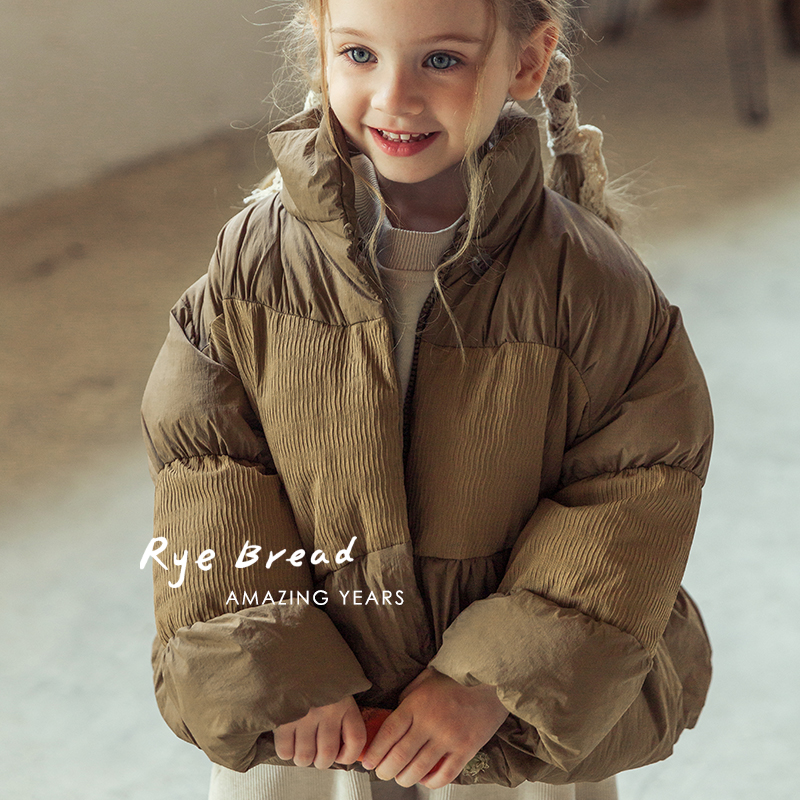 ryebread/黑面包童装 复古纯色立领拼接女小童棉服外套4冬