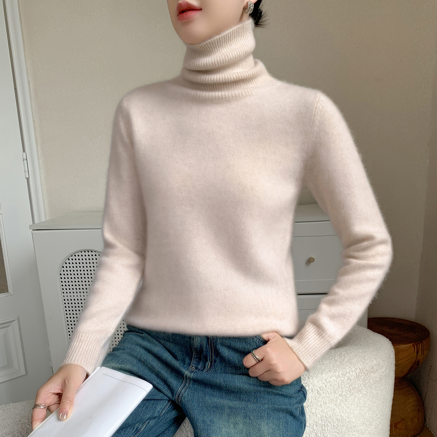 秋冬季山羊绒衫女高领纯色加厚堆堆领针织羊毛打底衫简约显瘦毛衣