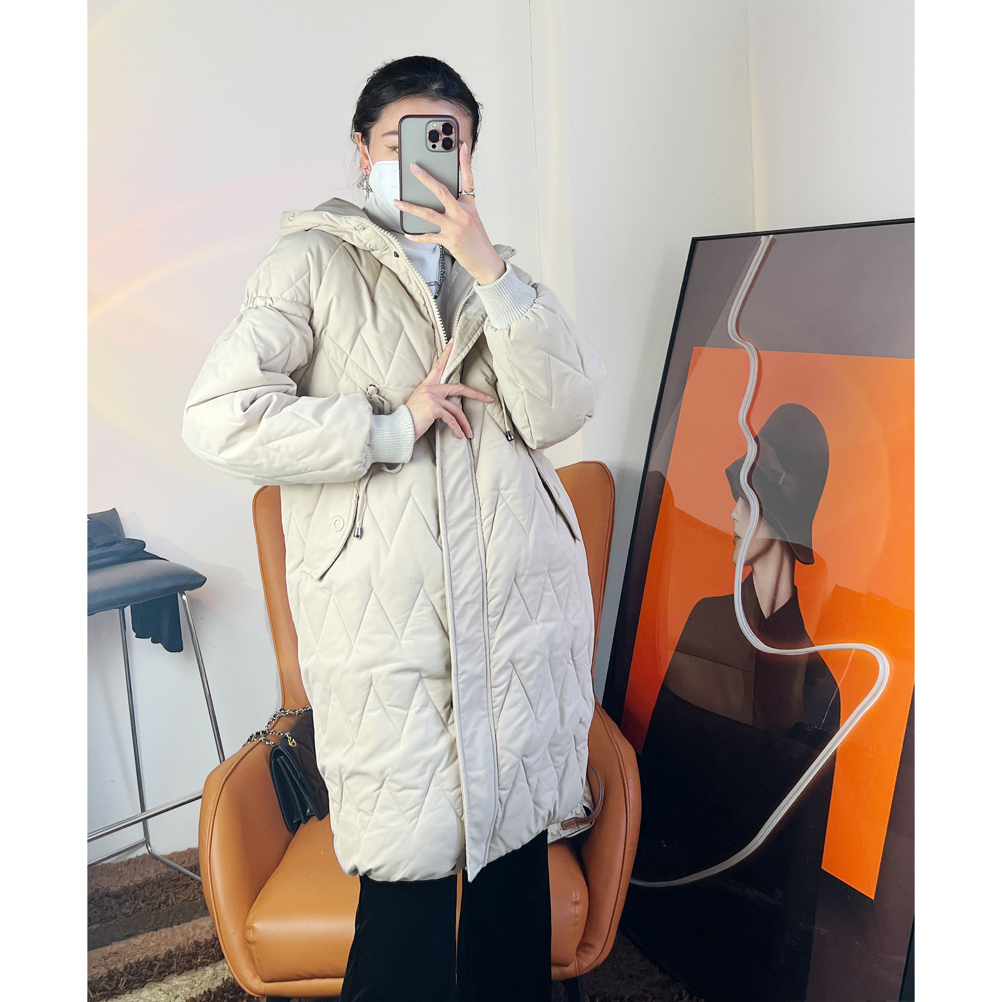 休闲风拉链厚款长款插肩袖女士连帽保暖秋冬