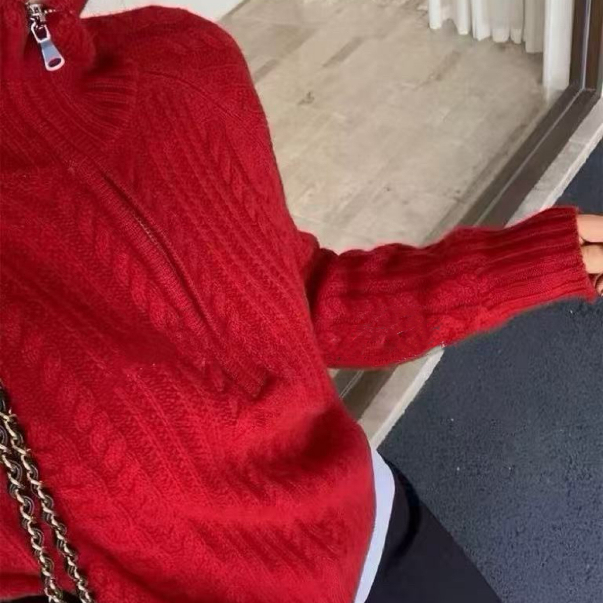 新年红色半开门襟拉链加厚立体绞花毛衣7235