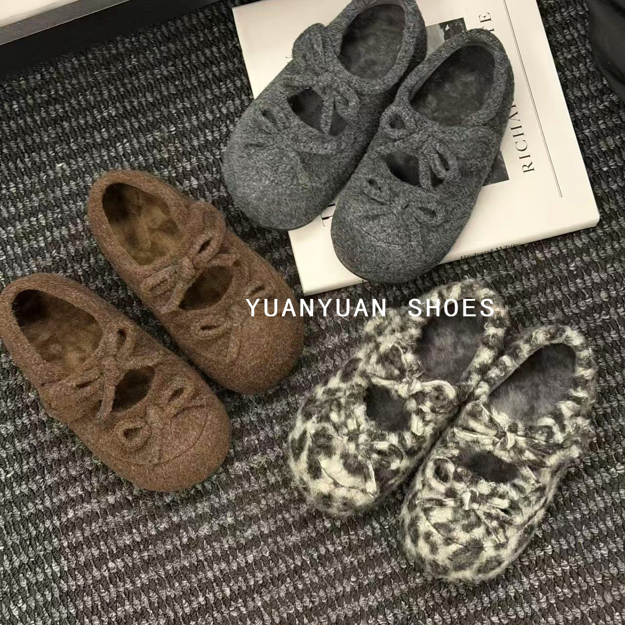 休闲风复古港风毛毛鞋豹纹毛毛鞋少女风蝴蝶结玛丽珍秋冬棉鞋