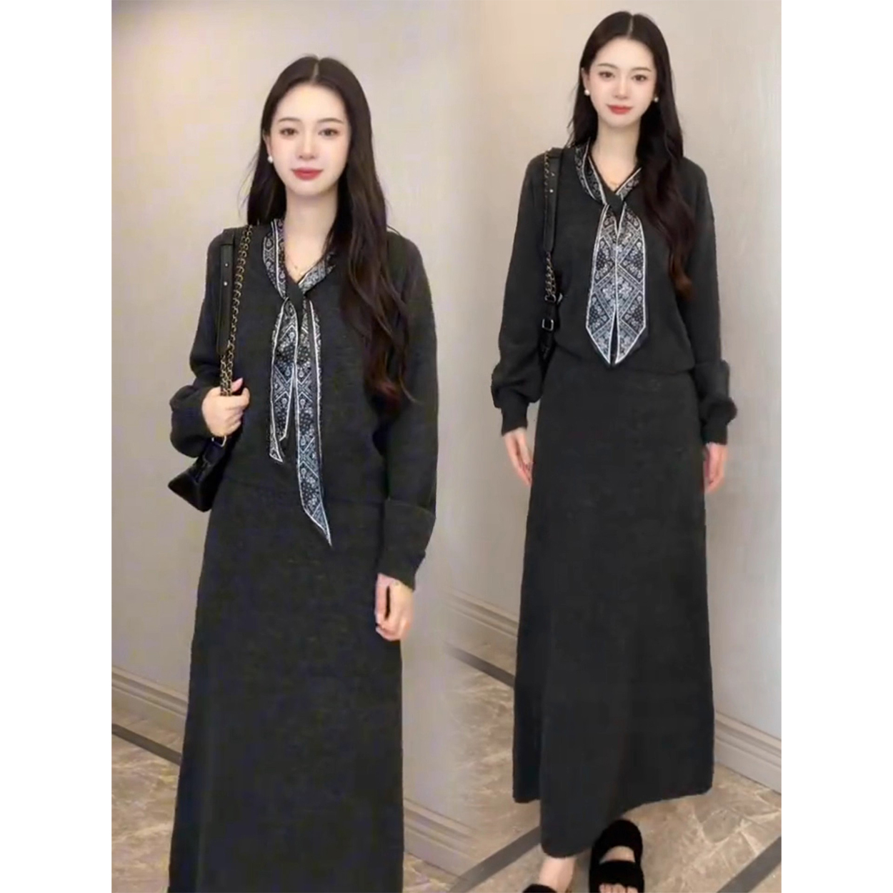 拉夏贝尔女2025秋冬季新款洋气时尚丝巾显瘦针织毛衣半身裙两件套