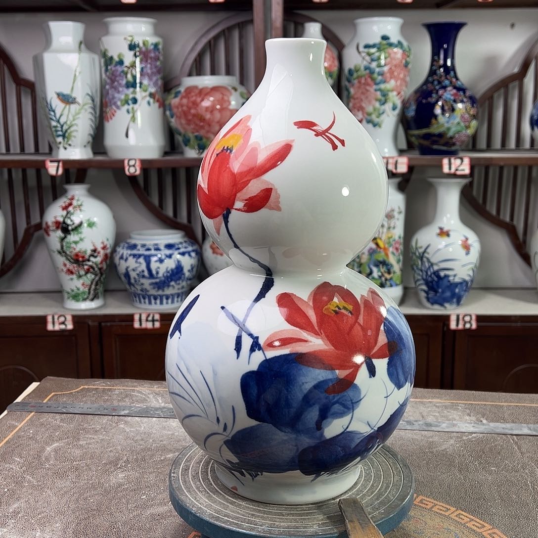 摆件陶景德镇陶瓷葫红荷