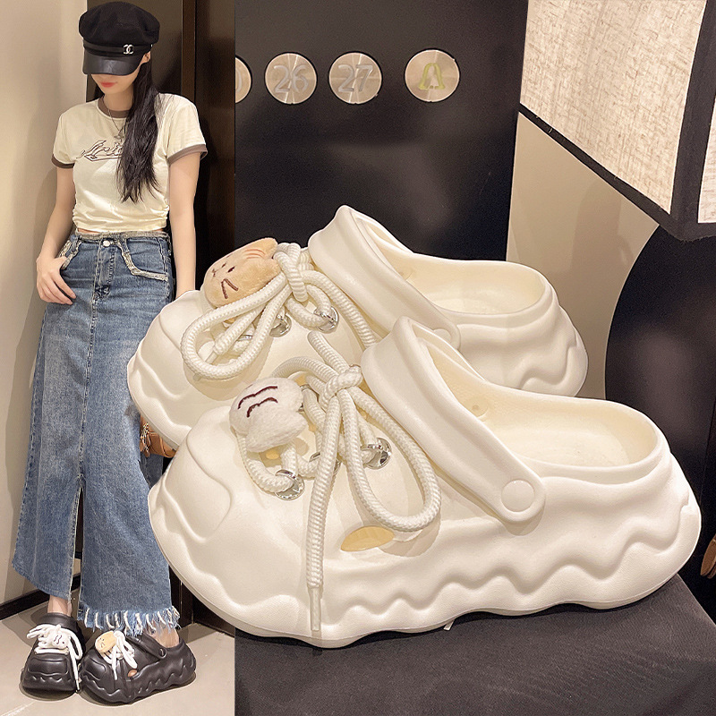 耍鞋 云朵洞洞鞋夏季女心包头两穿猫鱼鞋带居家少百搭防滑凉拖鞋