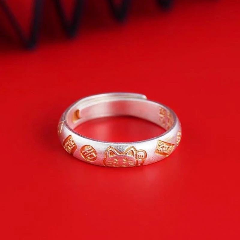 足银戒指 纯银9999描金吉言招财猫戒指女复古轻奢时尚个性可调节