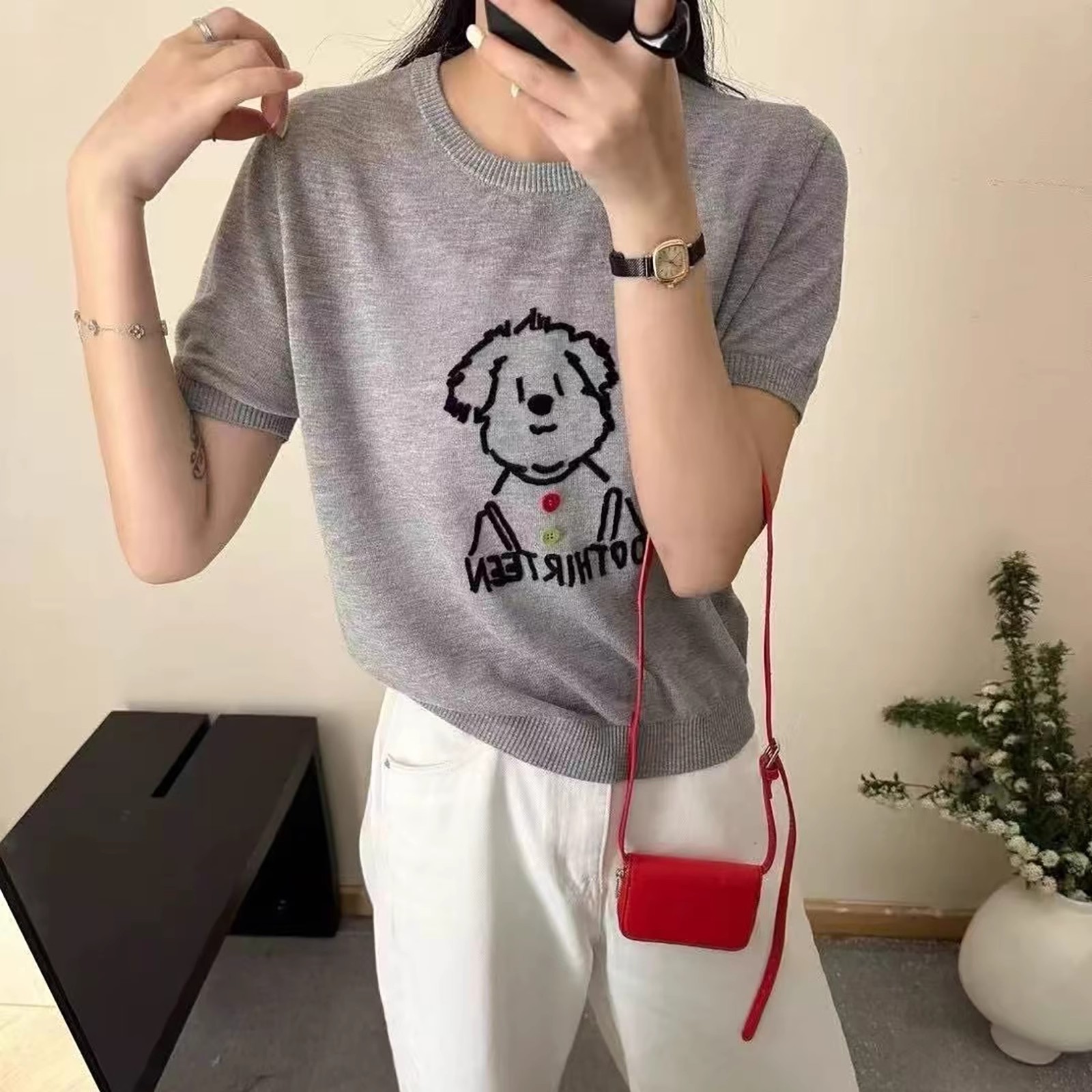 2025夏季新款韩版卡通图案针织女短袖百搭薄款显瘦上衣打底衫#108