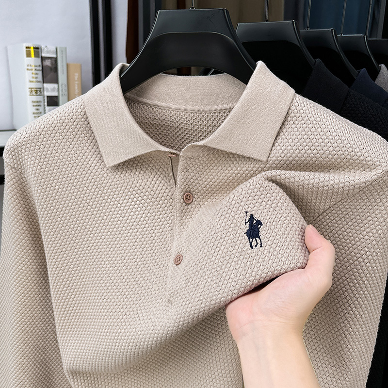 2025秋季新款菠萝纹针织翻领长袖POLO衫轻奢商务打底T恤