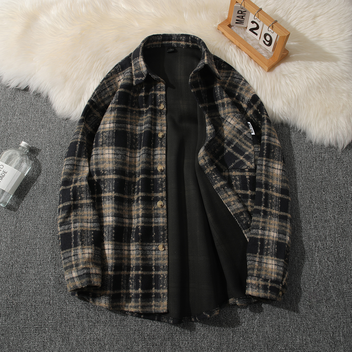 春秋季美式复古港风男士痞帅长袖衬衫外套宽松休闲毛呢厚衬衣夹克