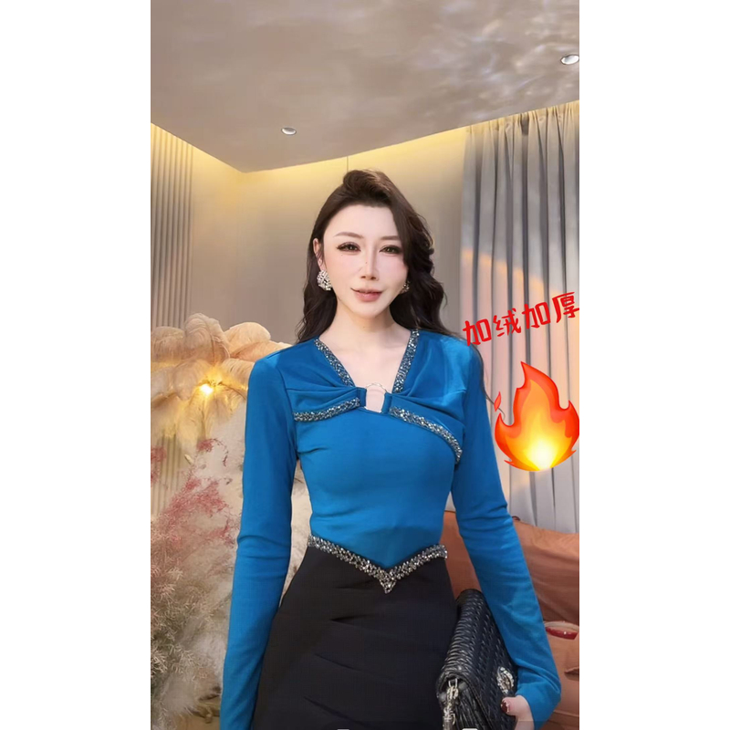【美美专享】550318小众设计感不规则钻边百搭显瘦加绒T恤上衣女