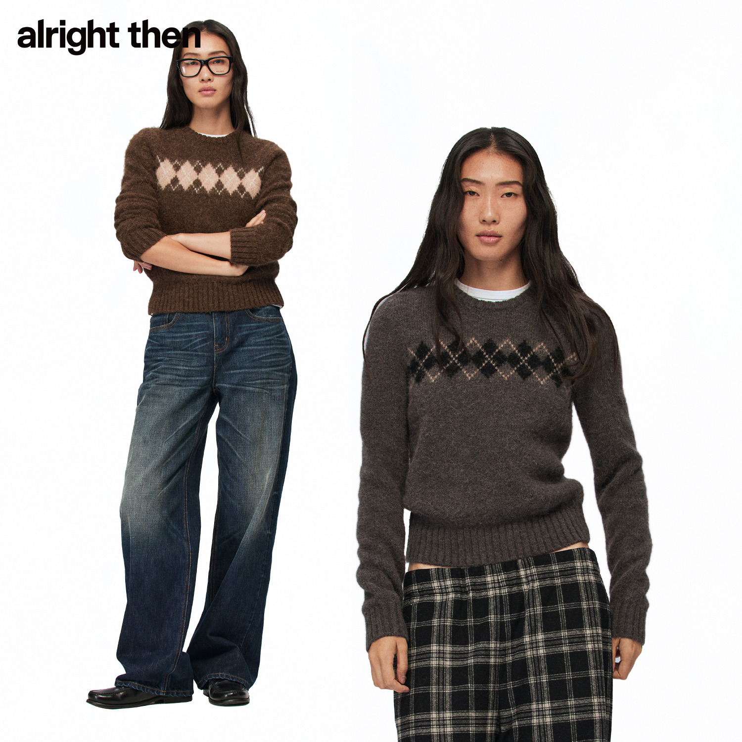 alright then绵羊毛宽肩直筒菱形格复古休闲圆领套头毛衣