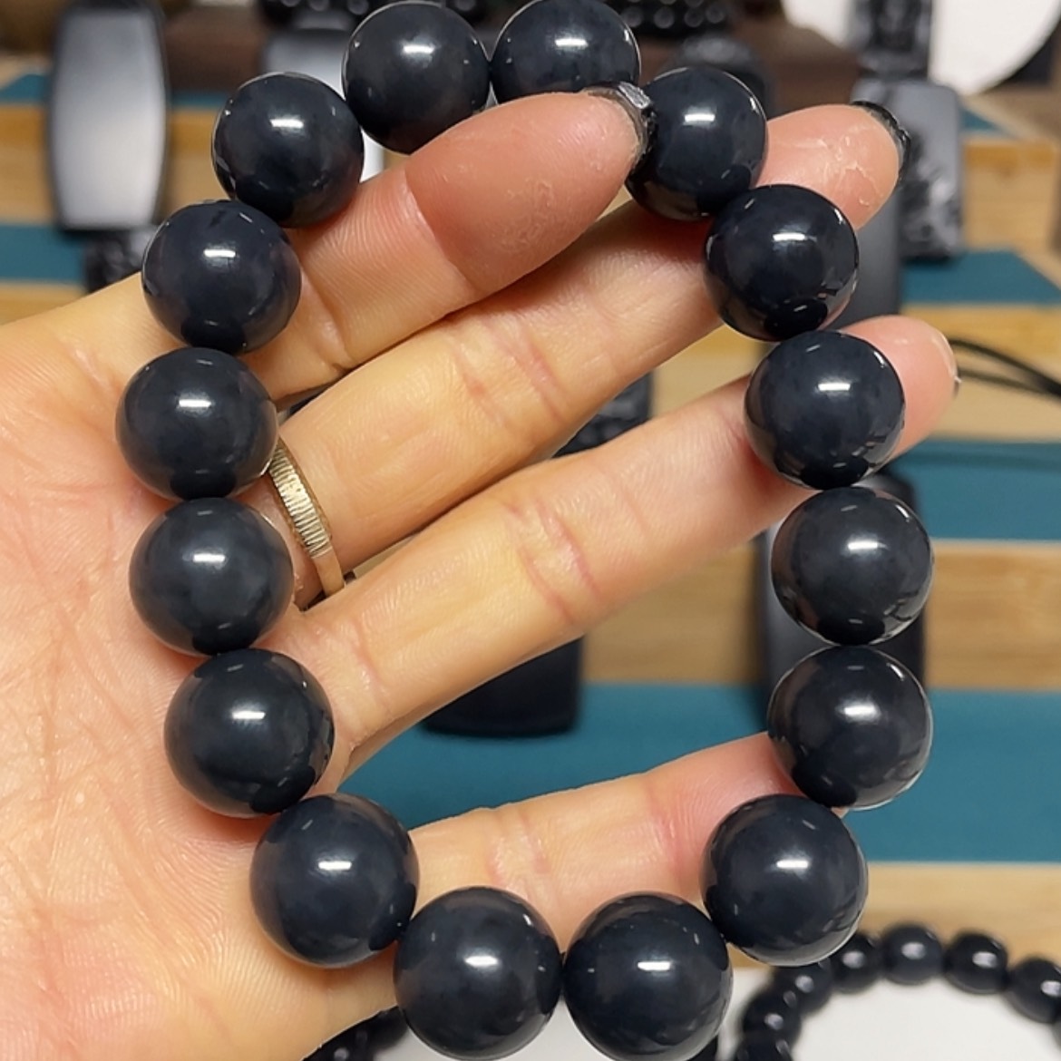 【闪购商品】和田玉（墨玉）手串未镶嵌蓝调卡14圆珠
