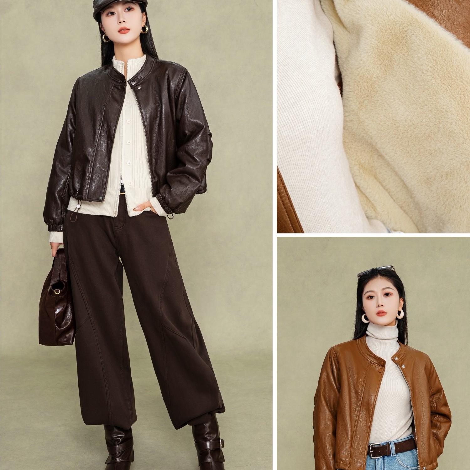 湖南她之蝶25冬2254138时尚加绒加厚皮夹克短款百搭复古