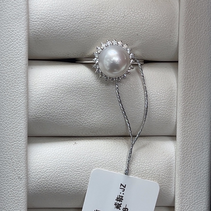 银S925镶嵌戒指海水珍珠澳白8-9mm12号