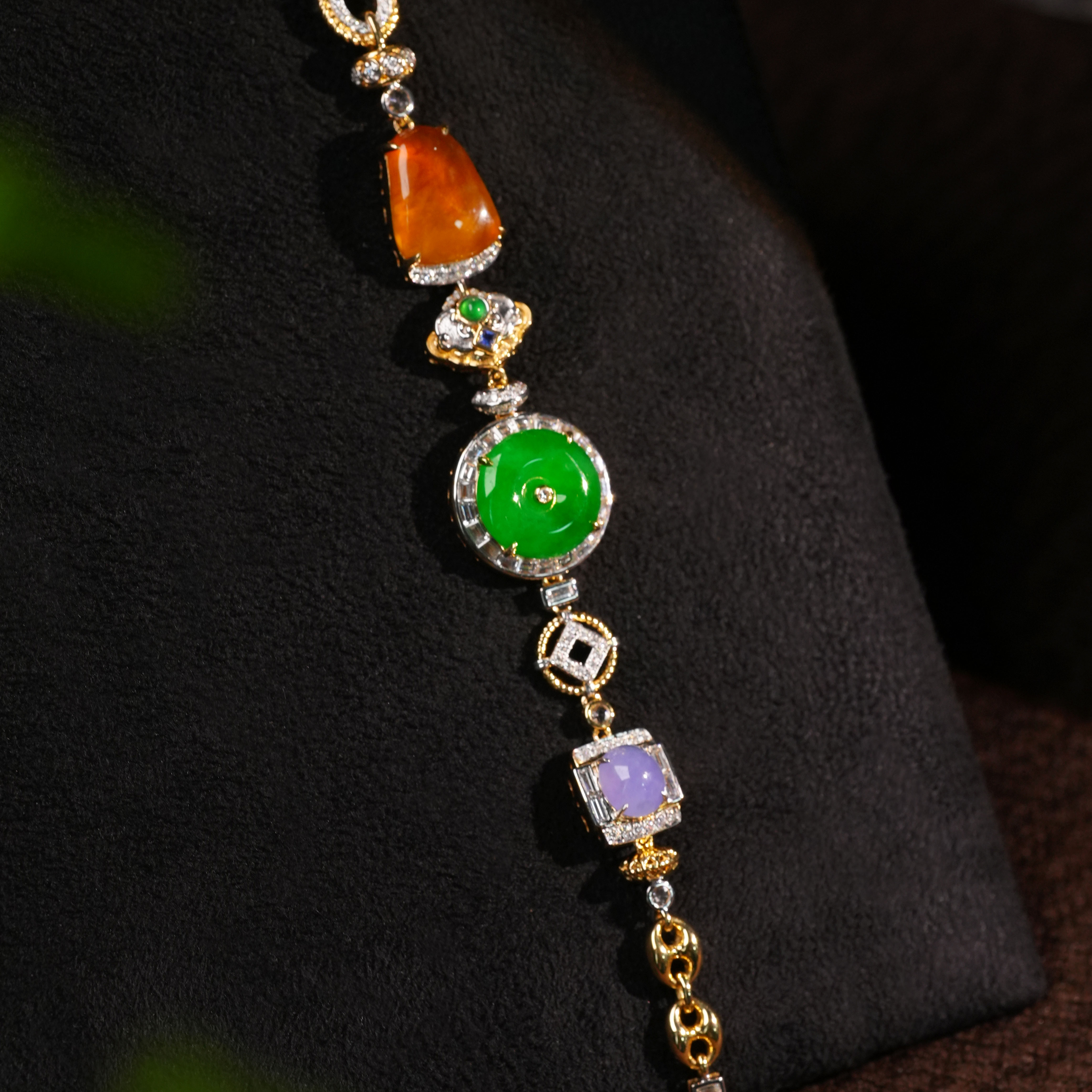 金钰顺缅甸翡翠满色辣绿平安扣单圈手链18K金紫罗兰翡翠手链现货