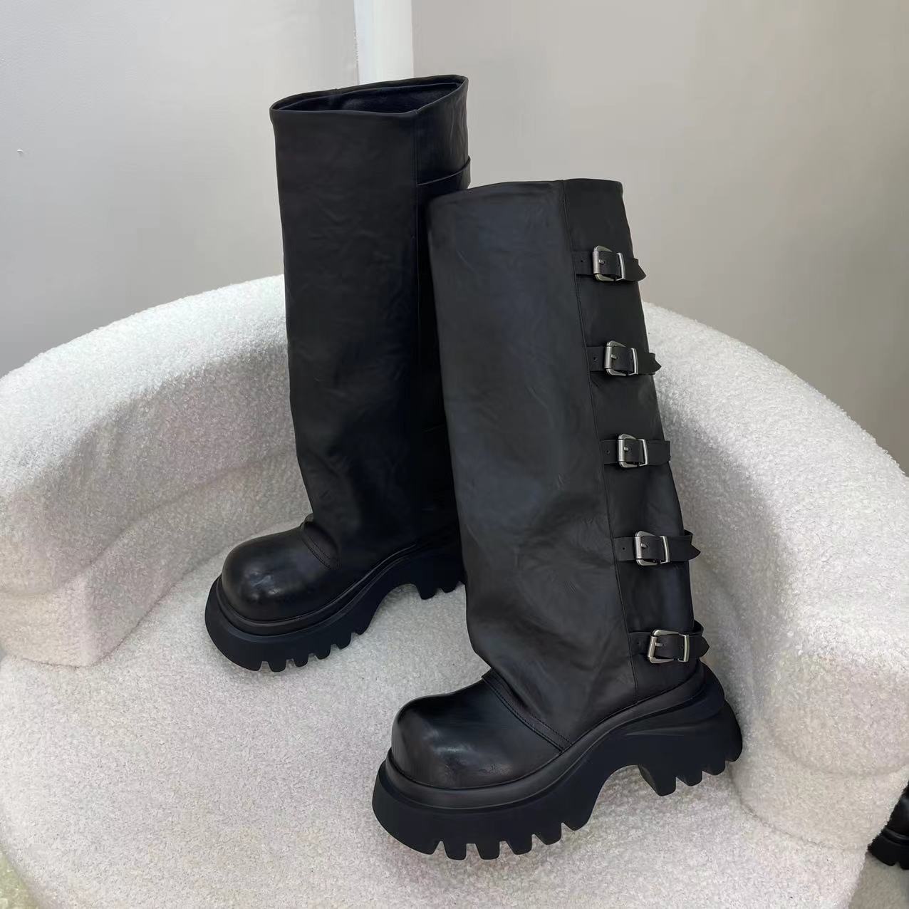 2025新款重工机车厚底秋冬系带中筒靴女鞋高帮百搭时尚英伦风