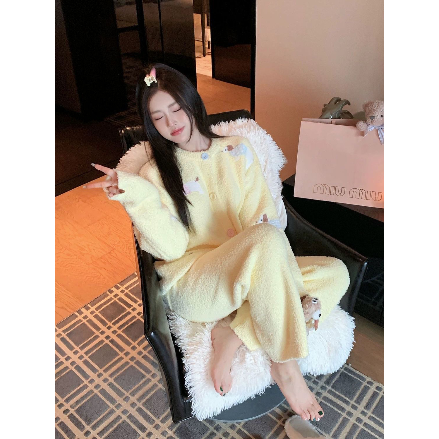 秋冬款软绵绵系列睡衣女半边绒家居服套装学生宽松可爱腊肠狗开衫