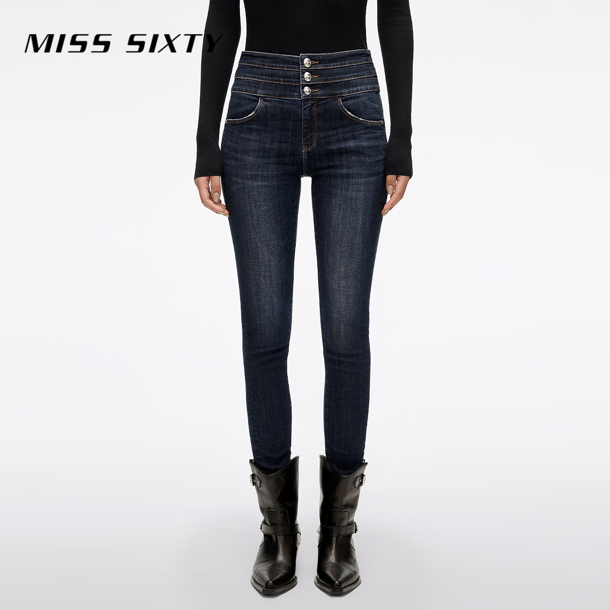 Miss Sixty2025秋季新款牛仔裤女三环高腰复古全长紧身裤铅笔裤