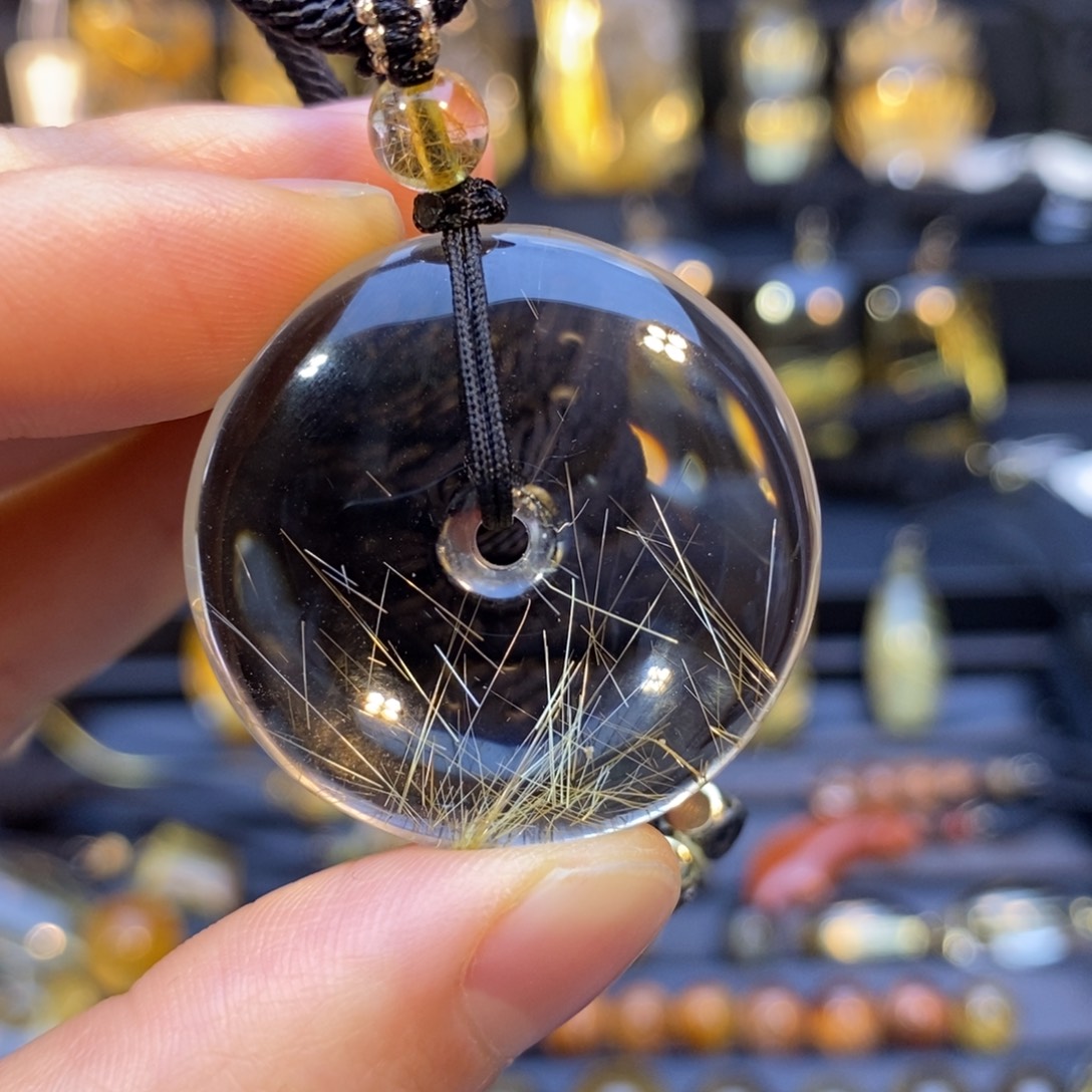 正***源水晶颈饰未镶嵌全净体聚宝盆金发晶平安扣