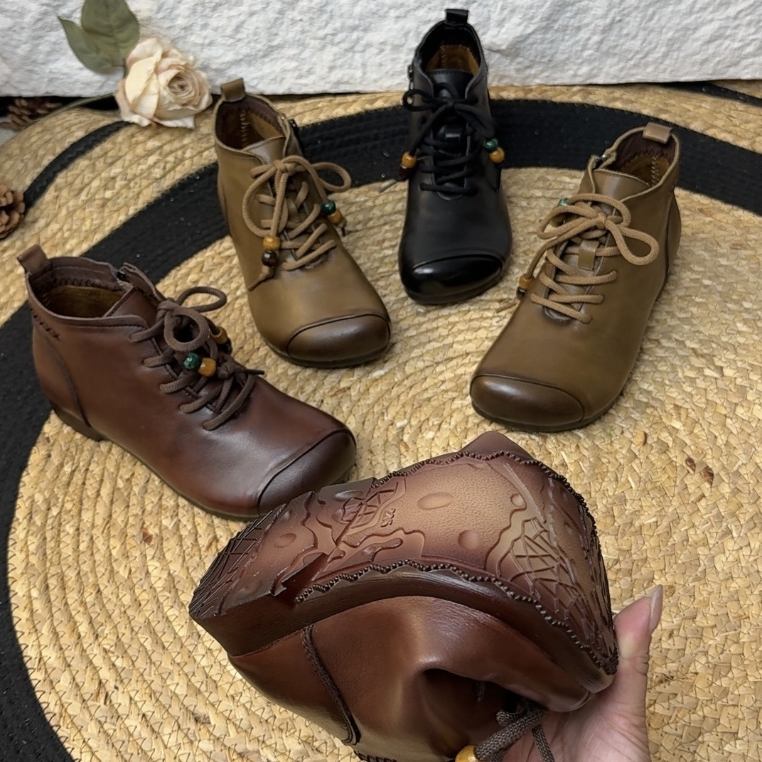 6696复古文艺头层牛皮短靴女款靴子新款秋季平跟软底软皮手工单靴