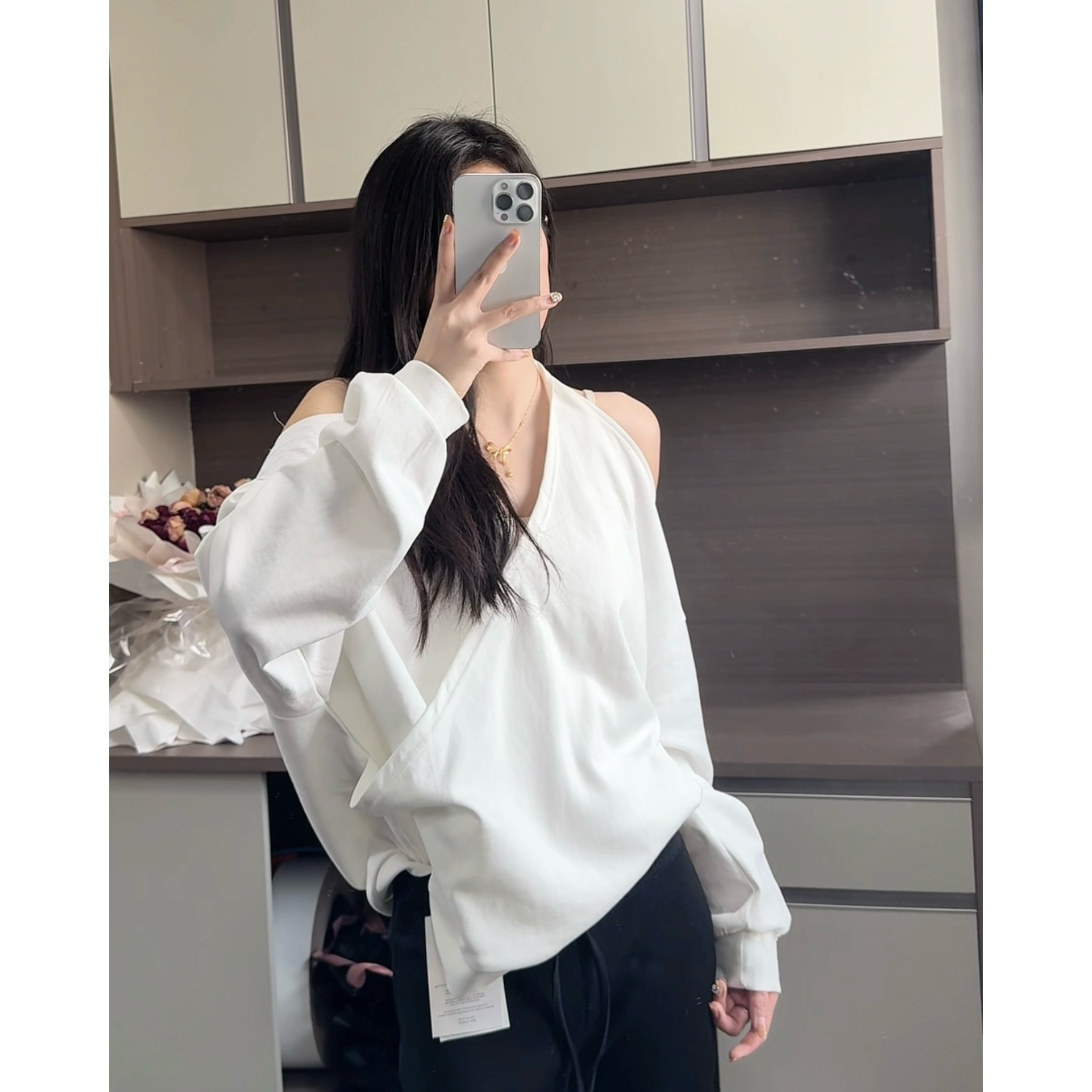 【DAMAI】薄款露背纯色杂志风长袖百搭卫衣春季女装设计感内搭