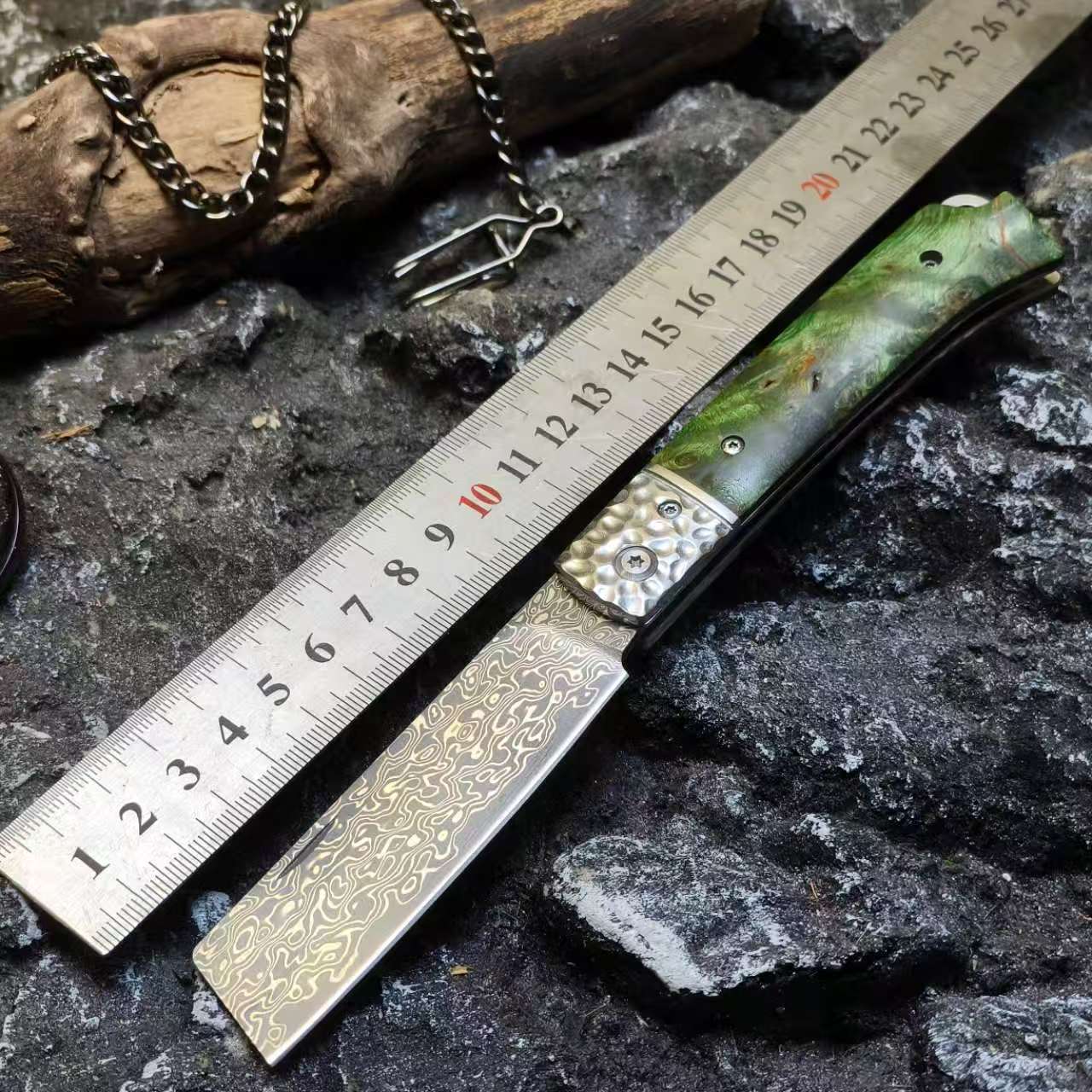 影木大马士革钢户外小折叠刀高硬度锋利野外露营求生多功能口袋刀
