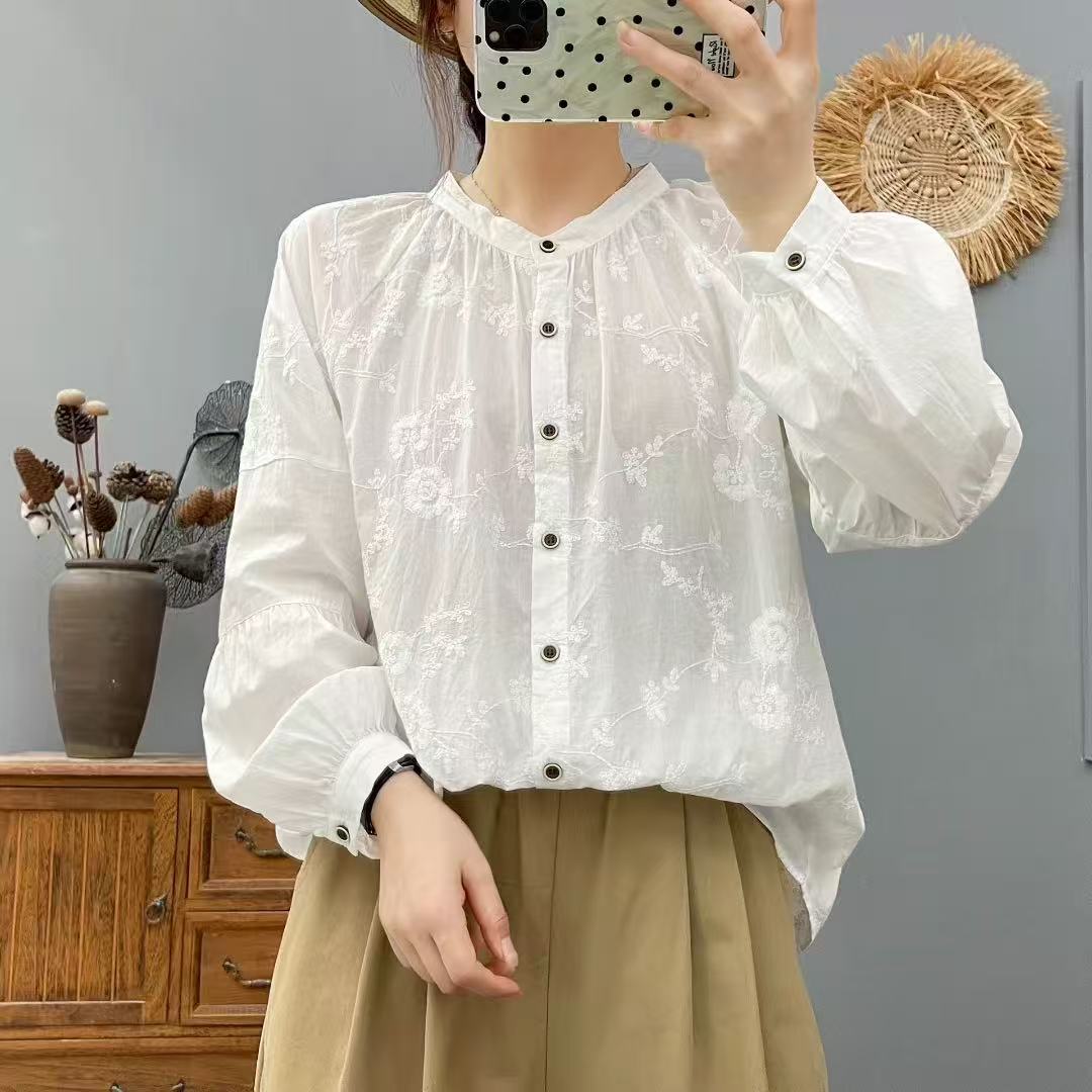 新中式高端刺绣整衣绣花V领小衫女～25早秋新款别致宽松衬衫6312