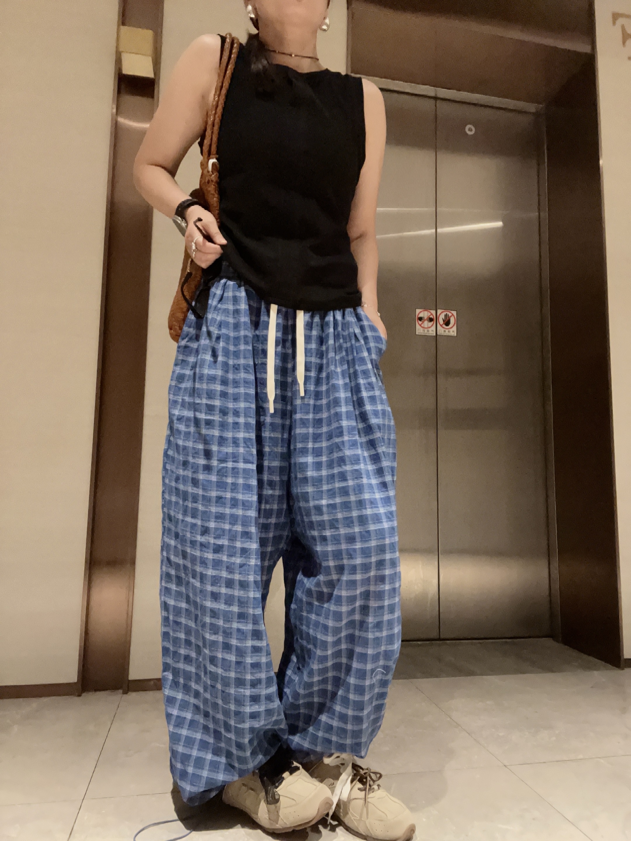 【Miss 程】东大门麻料格子阔腿休闲裤