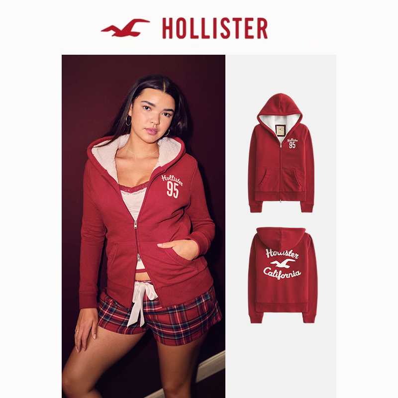 Hollister小海鸥图案25秋冬仿羊羔绒圣诞新年卫衣外套女352-5275