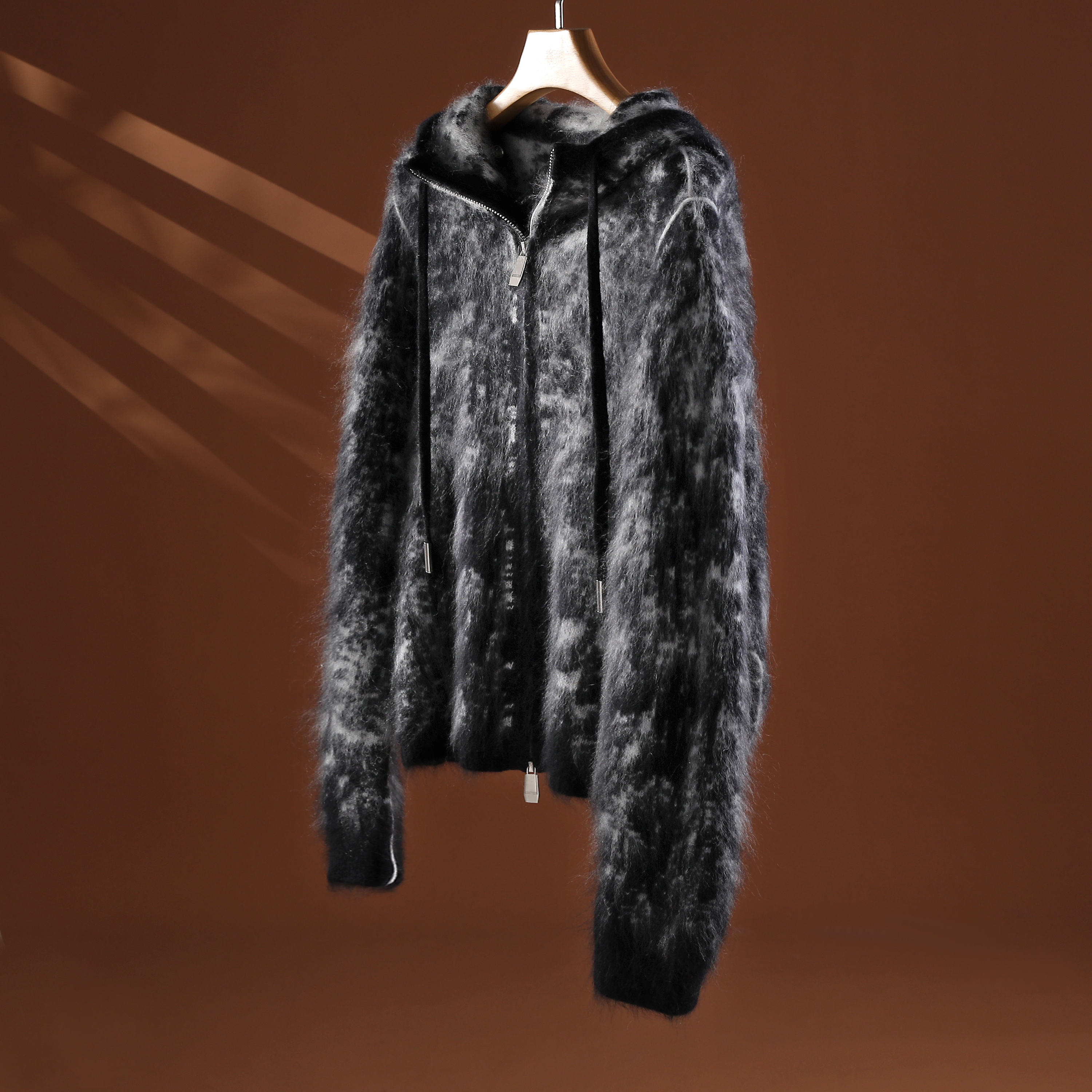 100%纯山羊绒拉绒工艺简约慵懒风毛衣~拉绒宽松连帽开衫针织衫