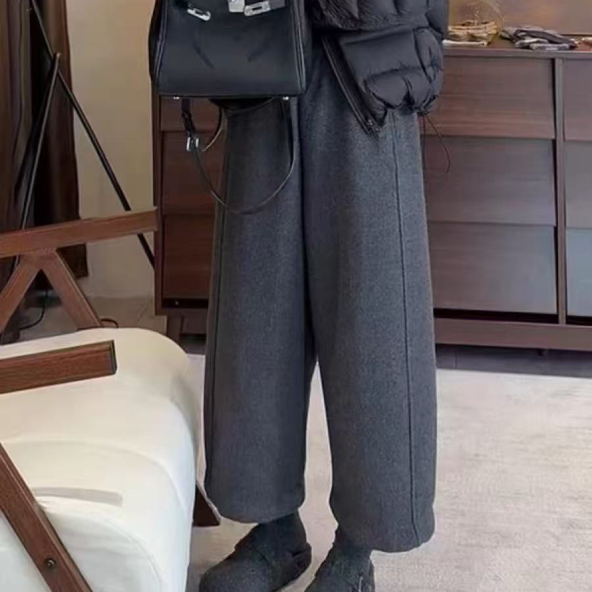 高腰毛呢阔腿裤加绒加厚显瘦直筒休闲裤秋冬大码女宽松九分裤