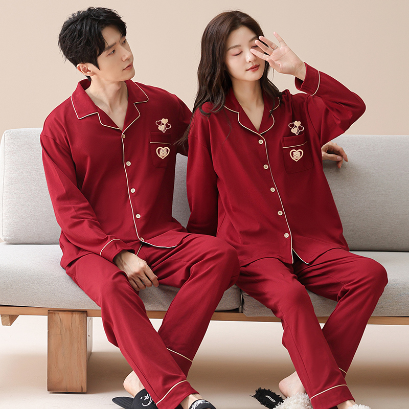2套价 100%纯棉结婚睡衣新婚情侣套装春秋季长袖红色喜庆家居服冬