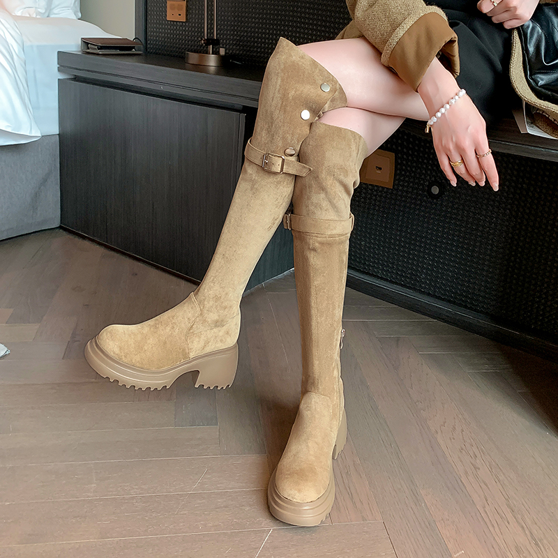 6.5CM厚底过膝长靴女2025秋冬新款显瘦绒面靴子女长筒瘦瘦靴粗腿