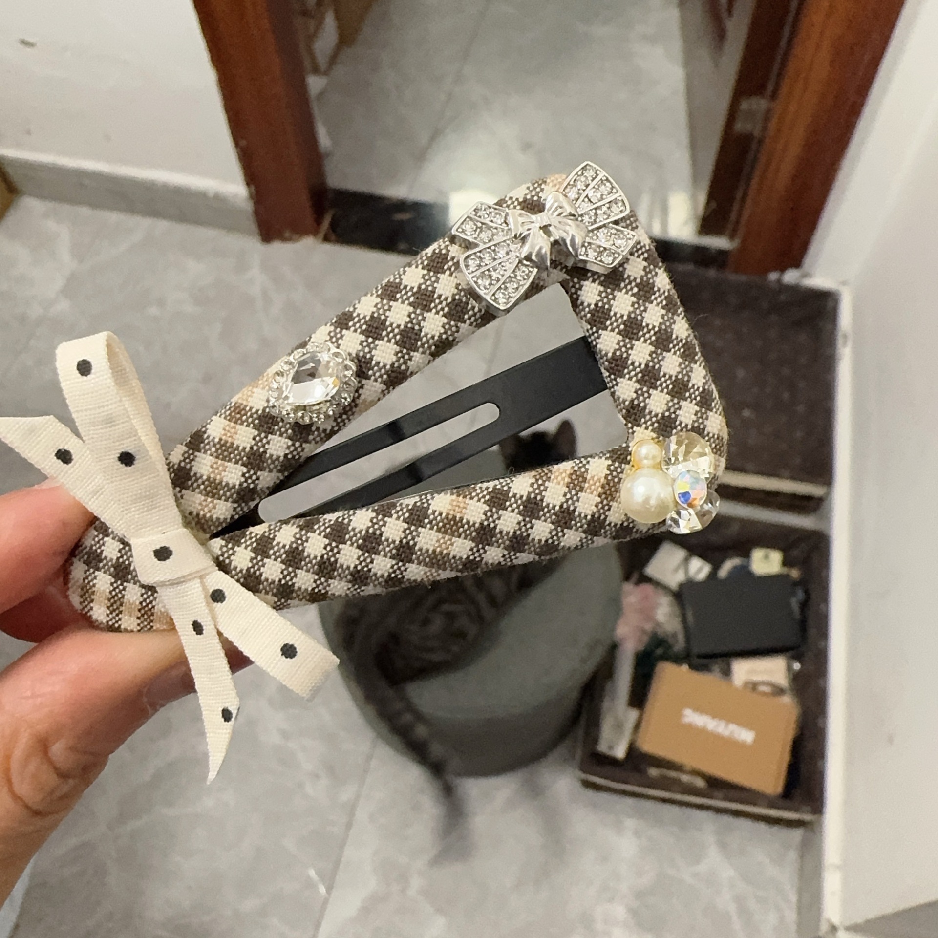 实拍时尚大三角咖蓝格子BB夹鸭嘴夹发夹甜美百搭发饰蓝色蝴蝶结