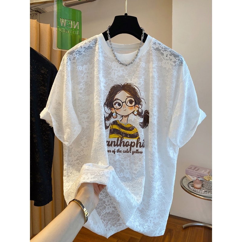 奥特莱斯~外贸清仓时尚百搭蕾丝短袖t恤女设计感小众别致半袖上衣