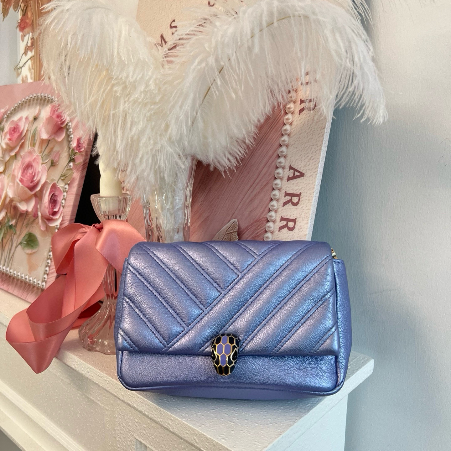 95新 BVLGARI/宝格丽 95新 珠光紫蛇头包单肩包