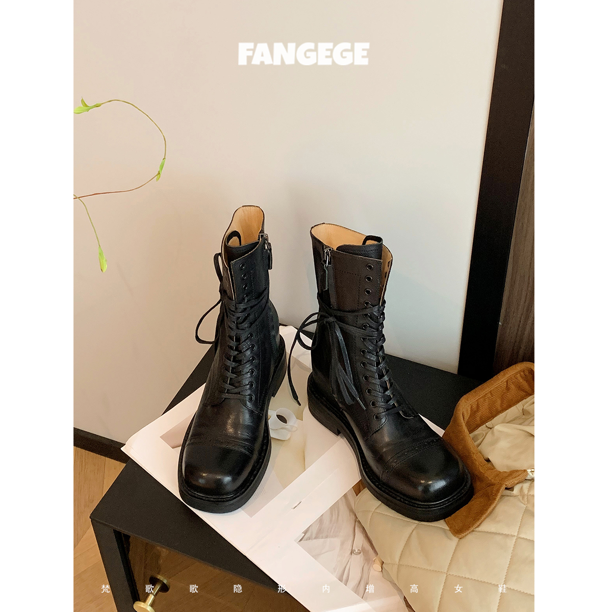 （现货/售罄不补）8cm增高厚底复古绑带机车中筒骑士靴女马丁靴