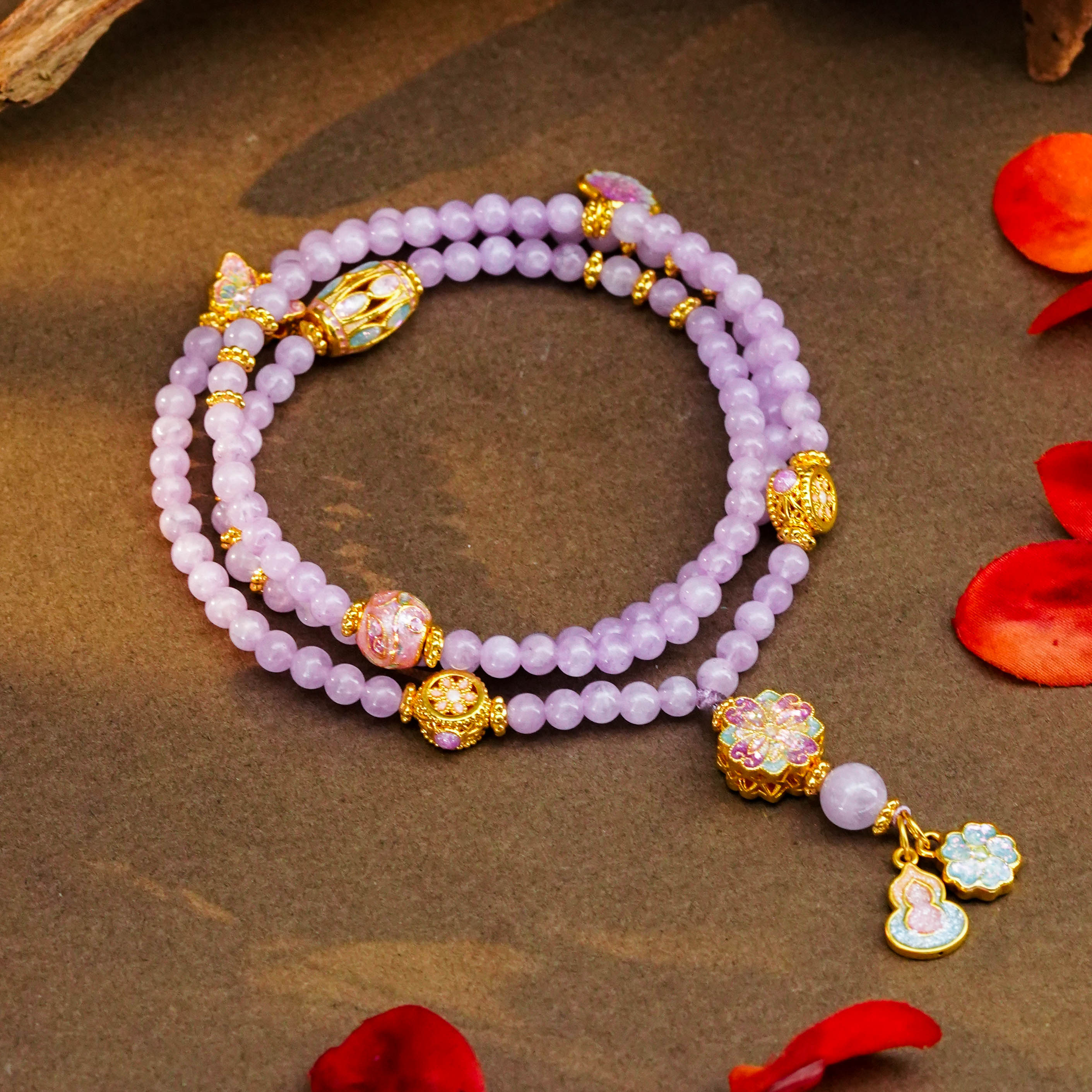 【敏敏专享】足金999投资金 硬金冰裂花丝珠紫水某晶项链 HJX117